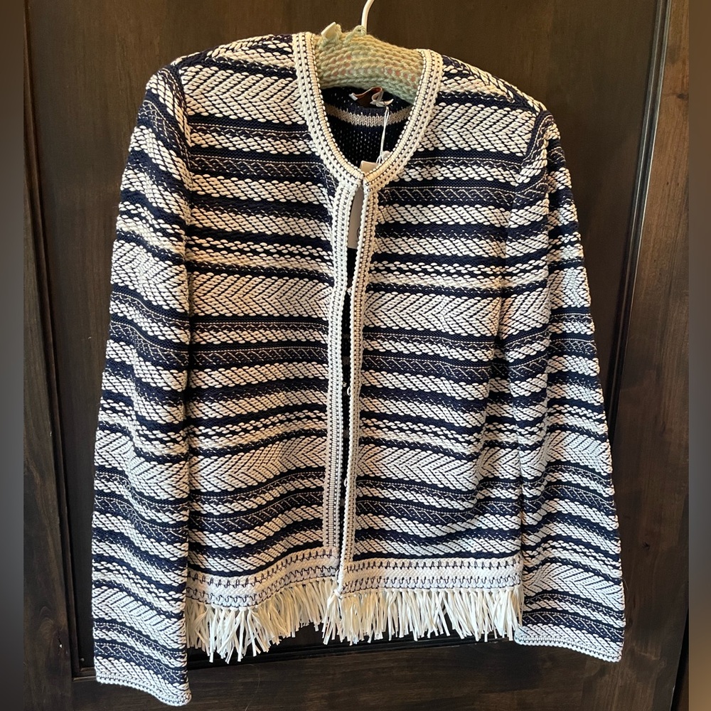NWT Tory Burch cardigan jacket in classic navy & white with fringe detail